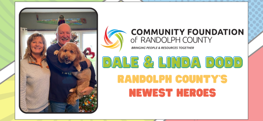 Image of Dale and Linda Dodd, newly recognized Randolph County Heroes, with their dog, Maverick.