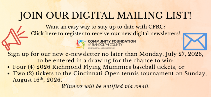 Image with text about joining a new mailing list for an e-newsletter. Those who click and register by July 27, 2026, can be entered into a drawing for prizes.